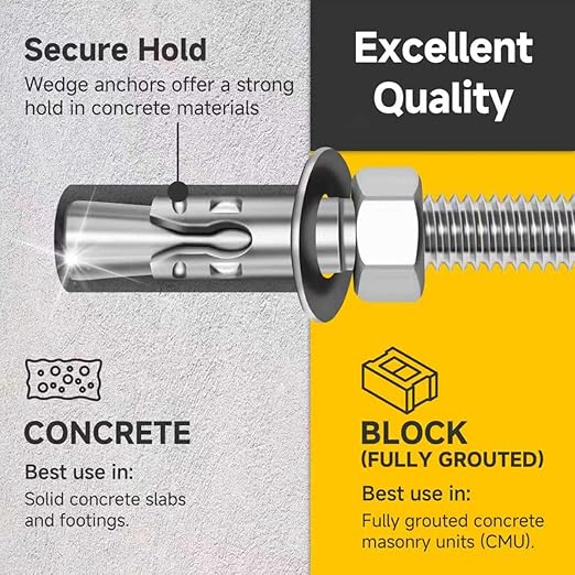 Mywish 1/2 x 7 Inch Wedge Anchors, 5Pcs 304 Stainless Steel Industrial 1/2 Heavy Duty Industrial Masonry Wdege Anchor Bolts for Brick Cement and Concrete, Bright Finish