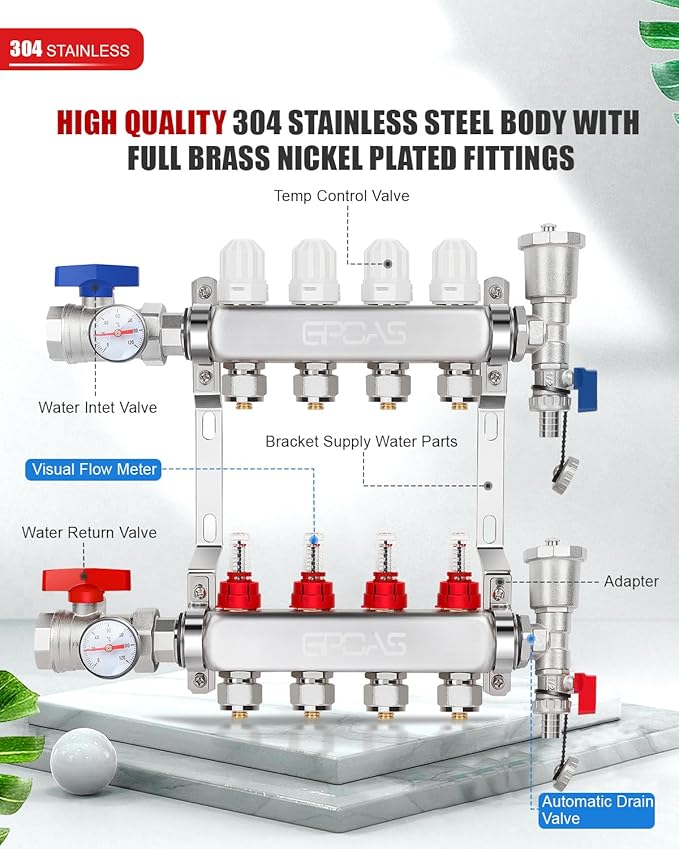 4-Branch PEX Radiant Floor Heating Manifold Kit 4 Loop Hydronic Radiant Floor Heating Stainless Steel, for 1/2 inch PEX Tubing