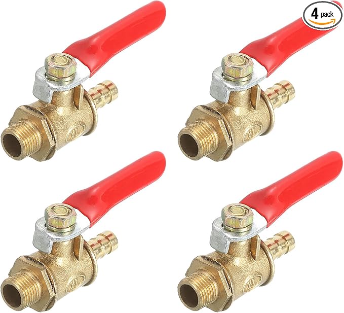 uxcell 4Pcs Brass Water Mini Ball Valve Shut Off Switch, G1/8" Male x 1/4" Hose Barb, 180 Degree Operation Handle, Brass Valve