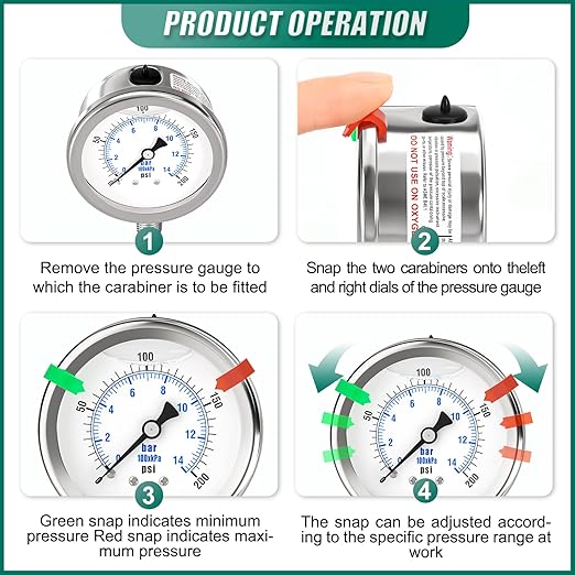 0-200PSI Stainless Steel Liquid Filled Pressure Gauge, 2.5" Dial Size, 1/4" NPT 316 Stainless Steel Joint, Lower Mount, for Tube, Water Pump, Gas, Liquid (with Range Mark Pointer)
