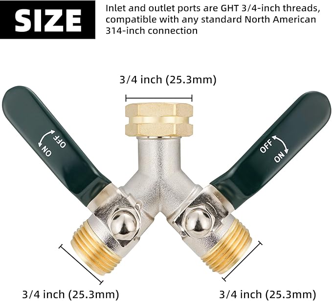 Hose Splitter 2 Way, Brass High Flow Garden Hose Splitter Heavy Duty, Hose Connector, Water Spigot Splitter, Faucet Splitters with shutoff, 3/4” GHT Inlet
