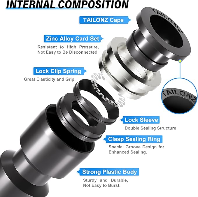 TAILONZ PNEUMATIC Black 1/4 Inch od Push to Connect Fittings Pneumatic Fittings Kit 10 Spliters+10 Elbows+10 tee+10 Straight (40 pcs)
