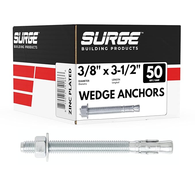 3/8" x 3-1/2" Zinc-Plated Wedge Anchors for Concrete and Cement | Heavy-Duty 3/8 Concrete Anchors (Box of 50)