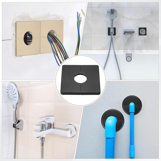 PATIKIL Wall Split Flange 86mm / 3.4" OD, 4 Pcs Square Escutcheon Plate Cover PPR Plumbing Cover Plates with Self-Adhesive Tape for 27mm / 1.1" Dia Water Pipe Faucet, Black
