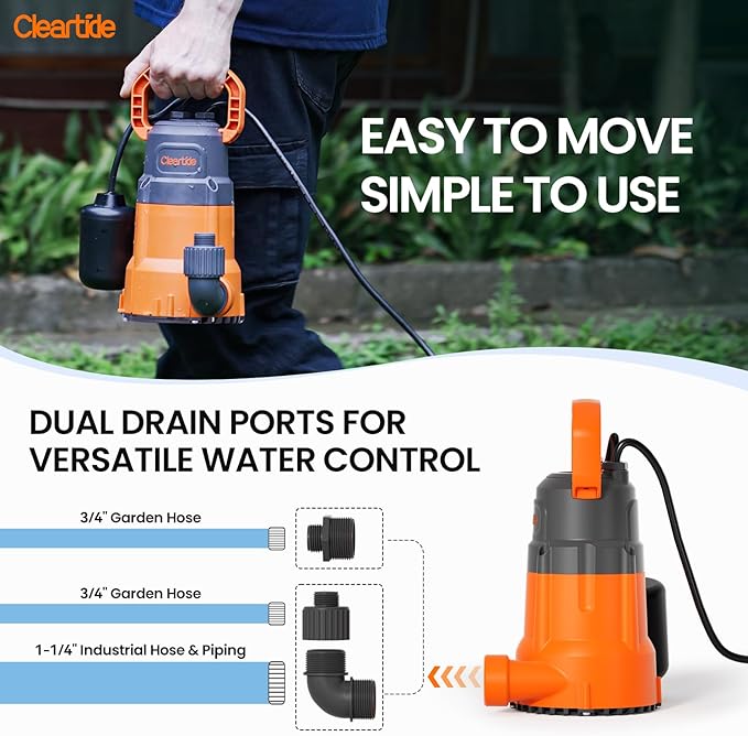 Cleartide Submersible Sump Pump with Tethered Float Switch, 1/4 HP Utility Water Pump,100% Copper Motor, Electric Drain Pump Handles 1/8" Solids, 10 FT Cord