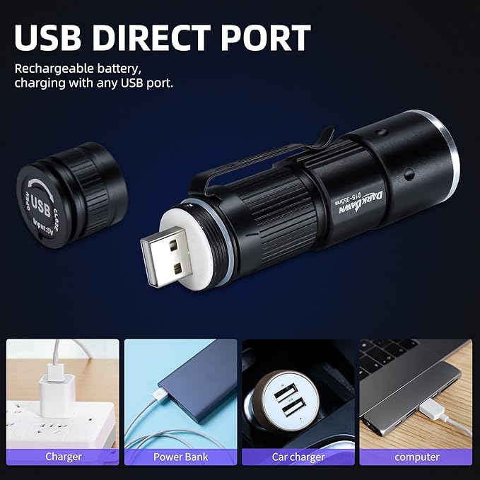 DARKDAWN UV 365nm Black Light Flashlights USB Rechargeable, Wood's Lamp Ultraviolet LED Portable Mini, Blacklight for cat Urine Detection Dry Stains, Uranium Glass, Leak Detection, D15 365 nm