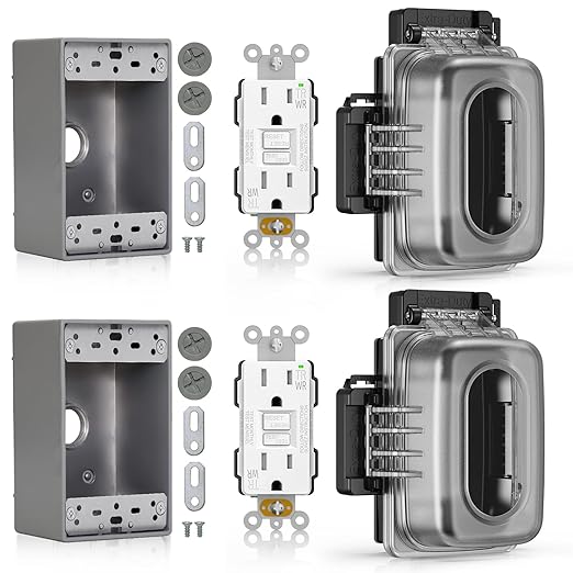 ELEGRP Outdoor GFCI Outlet with in Use Cover and Box Kit, 1 Gang, 15 Amp TRWR Self-Test GFI Receptacle, Extra Duty Metallic Electrical Outlet Box, Lockable in Use Cover, UL Listed, White, 2 Pack