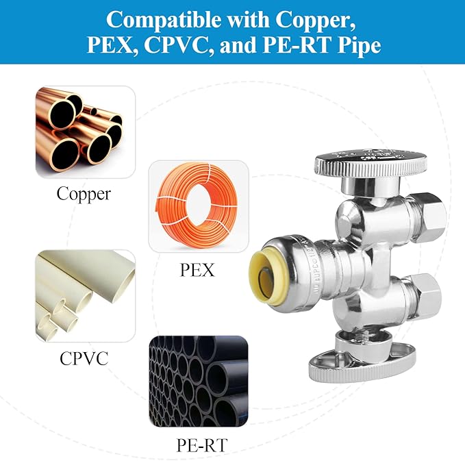 WiseWater 1/2" Push Fit x Dual 3/8" OD Compression Straight Stop Valve, 1/4 Turn Double Handles Shut Off Valve with Disconnect Clip, Chrome Plated Brass, Copper, PEX, CPVC, PE-RT Pipes (1 Pack)