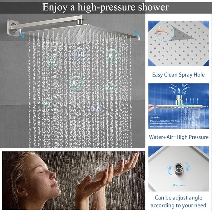 Shower Faucet Set Brushed Nickel Shower System, Knob Switch Diverter Shower Faucet with High Pressure Handheld Spray, Wall Mount 12 Inch Shower Head with 6 Inch Wall Mount Shower Head