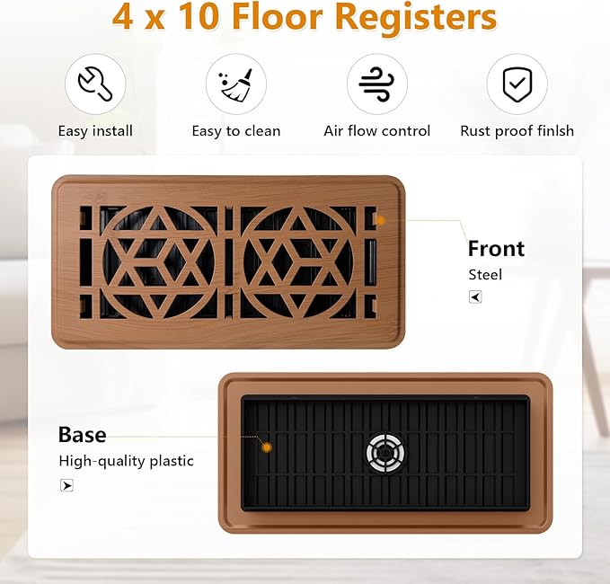 2 Pack Floor Vent Covers, Floor Register 4x10, Heavy Duty Walkable Steel Vent Cover, Adjustable Metal Decorative Vent Covers for Home Floor Ceiling or Sidewall Vent, Rust-Proof Finish (Red Oak Color)