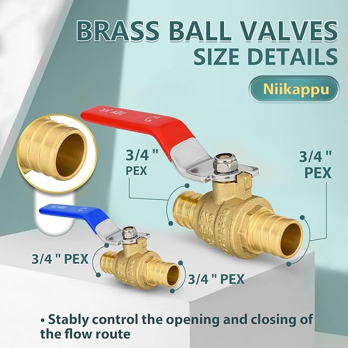 10 Pack Ball Valves, 3/4" Pex Crimp Shut Off Valve, Brass Full Port Pex B Shut Off Ball Valve for Hot and Cold Water, NSF/ANSI 61 Certified