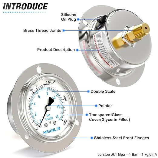 MEANLIN MEASURE 0~200Psi Liquid Filled Pressure Gauge Front Flange Panel Mount, 1/4" NPT 2.5" FACE DIAL Stainless Steel Case with Phillips Screw, Nut and Brass Hex Bushing, +/-3-2-3%