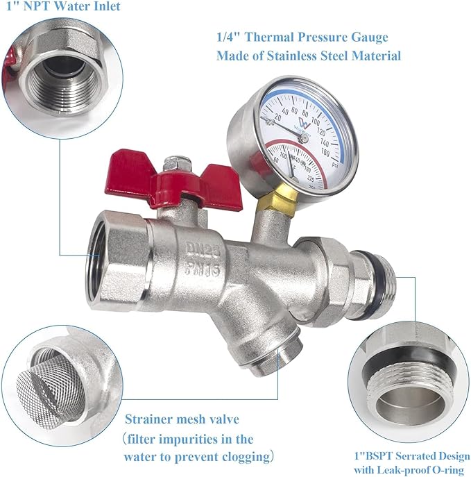 WiseWater 1'' NPT Stainless Steel Ball Valve with Strainer Mesh Filter, PEX Manifold Ball Valve with 2.48'' Hot Water Thermometer and Pressure Gauge for Radiant Floor Heat PEX Manifold Loops
