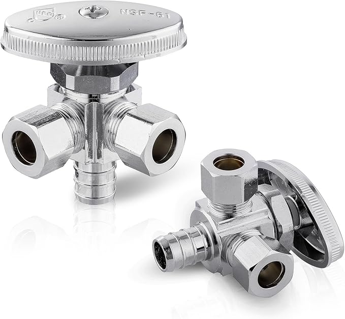 (Pack of 2) Seelink Multi-Turn Dual Outlet Angle Stop Valve, 1/2" Pex Crimp F1807 Pipe Inlet x (3/8 inch x 3/8 inch) Compression Outlets, Chrome Plated Brass