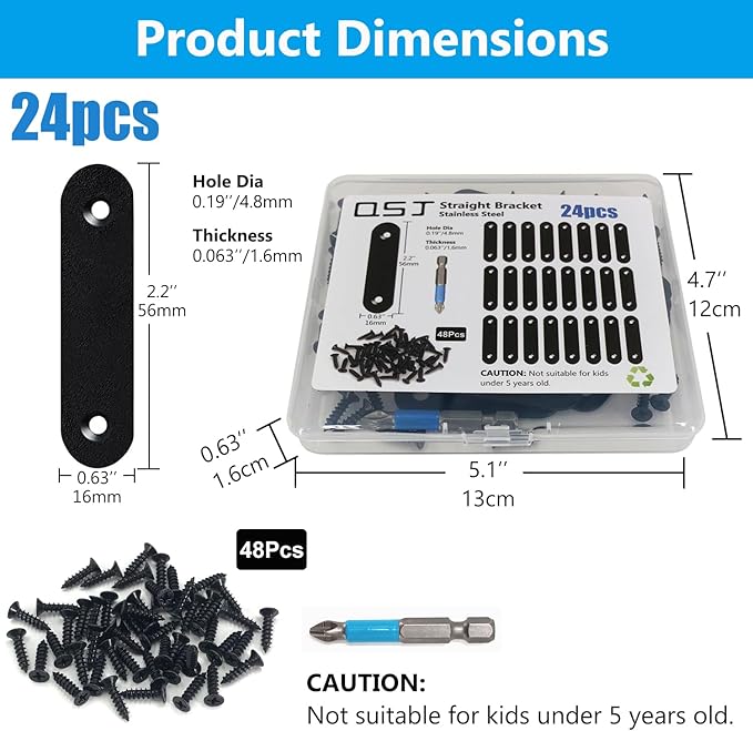 QSJ 24 Pcs Black Straight Bracket Mending Plate for Wood Stainless Steel Straight Brackets 56mm / 2.2" Wood Brace with Screws and Screwdriver