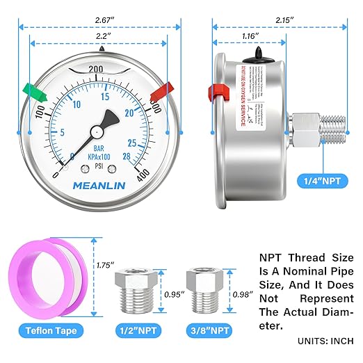 MEANLIN MEASURE 0~400Psi Stainless Steel Liquid Filled Pressure Gauge 2.5" FACE DIAL 1/4" NPT for Air Compressor Air Regulator Water Filter Back Mount with Stainless Steel Hex Bushing and Snaps