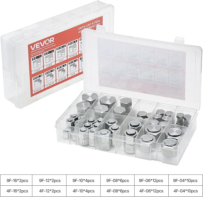 VEVOR 72 PCS ORFS Hydraulic Fittings, O Ring Face Seal Fitting Kit, Hydraulic Hose Tube and Pipe Fittings, Cap and Plug Set for Hydraulics, O Ring Assortment Kit Precision Thread, Sizes 4 6 8 10 12 16