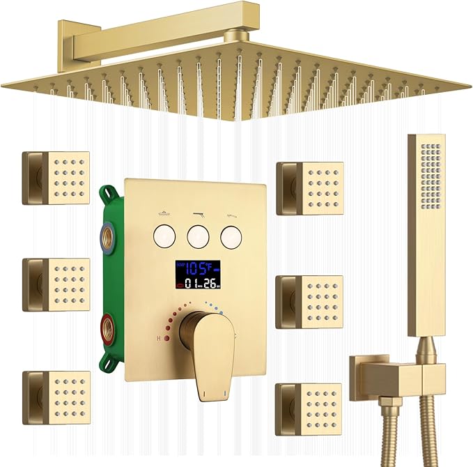 Temperature Display Rain Mixer Shower Faucet Set with 6 pcs Body Jets 12 inch Square Rainfall Shower Head with Handheld Spray Wall Mounted Rough-in Valve and Trim Included,Brushed Gold