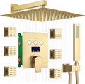Temperature Display Rain Mixer Shower Faucet Set with 6 pcs Body Jets 12 inch Square Rainfall Shower Head with Handheld Spray Wall Mounted Rough-in Valve and Trim Included,Brushed Gold