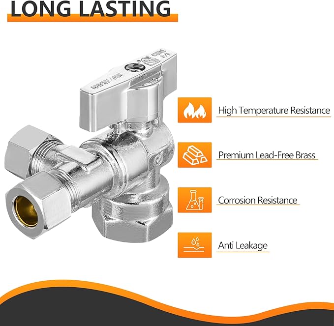 10-PCs HeSun Quarter-Turn Angle Stop Valve, 1/2" FIP x 3/8" OD Comp x 3/8" OD Comp, Dual Compression Outlet Shut Off Valve, PEX Chrome Plated Brass(VALVE209-10)