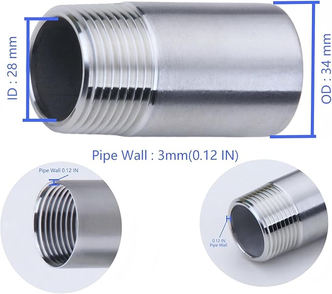 CONSTELLAR 304 Stainless Steel Pipe Fitting - 1" NPT Male x 1" NPT Female Threaded Thickened Pipe Wall, 400mm (16 inch) Length Heavy Nipple Seamless Pipe (1 Pcs)