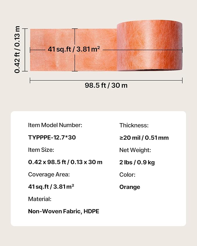 VEVOR Waterproof Membrane for Shower, 0.42 x 98.5 ft 41 sq.ft Waterproofing Tile Membrane, 20 mil Thick Polyethylene Fabric Roll, Easy to Cut for Bathroom, Kitchen, Sauna, Corners, Niches, Tile Joints