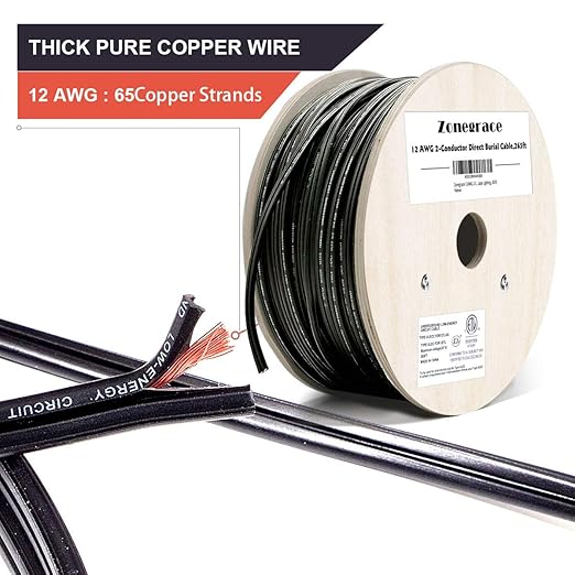 Zonegrace 12AWG 2-Conductor 12/2 Direct Burial Wire for Low Voltage Landscape Lighting, 265ft