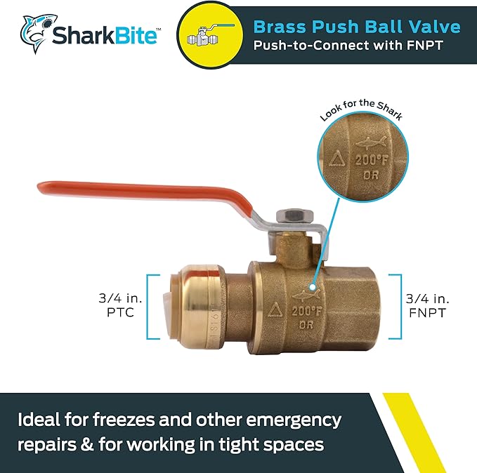 SharkBite 3/4 x 3/4 Inch Ball Valve with FNPT Connector, Push to Connect Brass Plumbing Fitting, PEX Pipe, Copper, CPVC, PE-RT, HDPE, 22186-0000LF