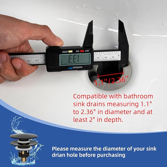 Hibbent All Metal 2 in 1 Bathroom Sink Stopper, Universal Pop Up Drain Strainer, Brass Bullet Core Push Type Sink Stopper for 1.1''~2.3'' Basin, Big Push Button, Anti Clogging Filter, Matte Black
