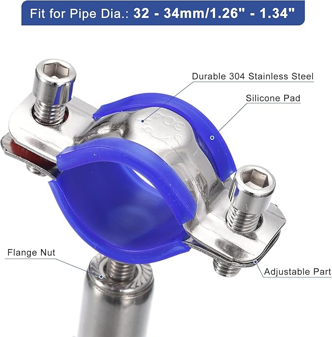uxcell 2Pcs Stainless Steel Pipe Supports Wall Mount Ceiling Mount Pipe Bracket Adjustable Clamp Pipe Strap Fit for Dia 32-34mm Pipe Tube
