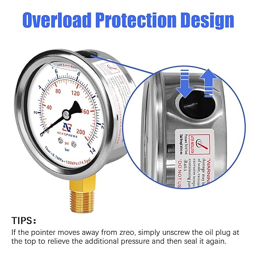 2-1/2" Liquid Filled Pressure Gauge, 0-200 PSI/0-14 Bar, 304 Stainless Steel Case, 1/4" NPT Lower Mount, Brass Connection, Manometer, IP67 Waterproof Air, Oil & Water Pressure Gauge