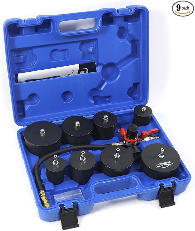 Turbo System Leakage Tester Kit, Turbo Pressure Leakage Tester for Cooling Emissions Exhaust Pipes, 9-Piece Turbo Boost Leak Tester Set with Stepped Adapters 1-3/8" to 3-1/2"