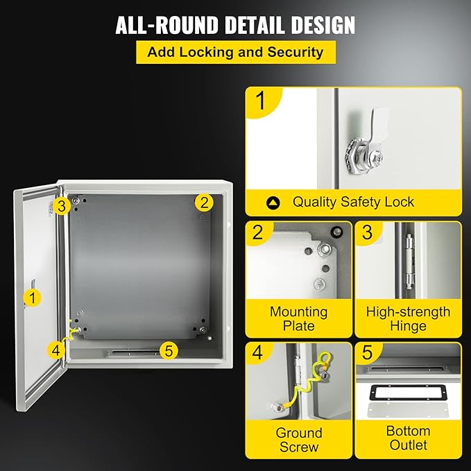 VEVOR NEMA Steel Enclosure, 8 x 8 x 6'' NEMA 4X Steel Electrical Box, IP66 Waterproof & Dustproof, Outdoor/Indoor Electrical Junction Box, with Mounting Plate