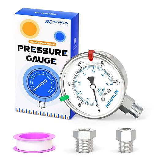 MEANLIN MEASURE 0~100Psi Stainless Steel Liquid Filled Pressure Gauge 2.5" FACE DIAL 1/4" NPT for Well Pump Tire Water Pressure Tester Lower Mount with Stainless Steel Hex Bushing and Snaps