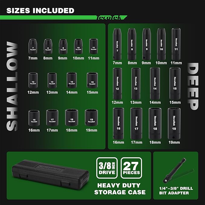 27 Pieces 3/8-Inch Drive 12-Point Metric Impact Socket Set, CR-V, 7mm to 19mm, Standard and Deep, 1/4"-3/8" Drill Adapter