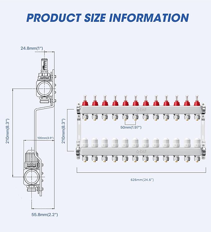 ABST PEX Manifold,12 Loop Stainless Steel Floor Radiant Heat Manifold Kit with 1/2" Adapters Included for Hydronic Radiant Floor Heating