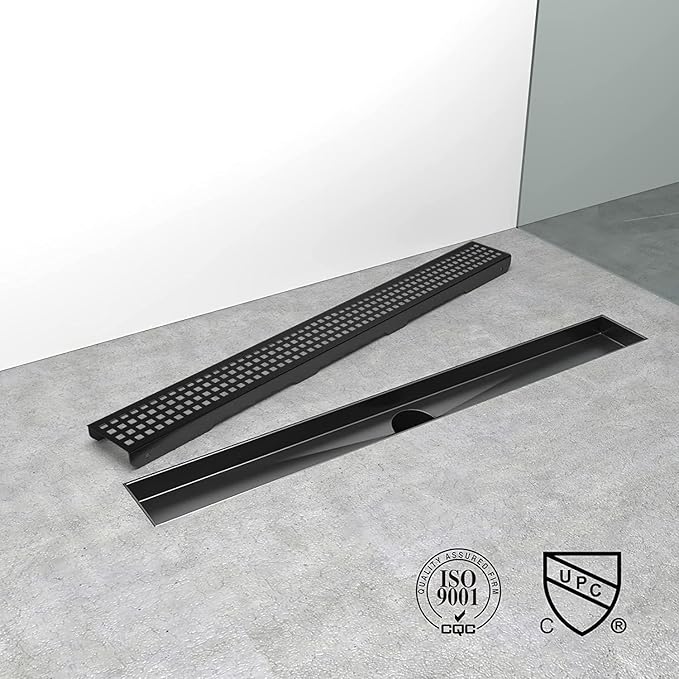 Linear Shower Drain, 40 inch Black Drain with Removable Grate Cover, Brushed 304 Stainless Steel Shower Floor Drain, Linear Drain with Hair Strainer and Adjustable Feet