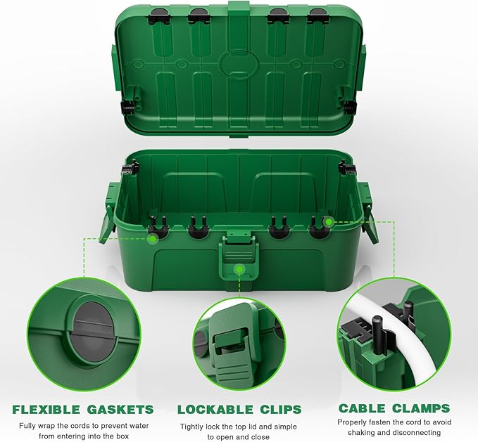 Flemoon 2-Piece Outdoor Waterproof Electrical Box Set – 12.5" x 8.5" x 5" Large Electrical Box & 11.3" x 4.3" x 3" Extension Cord Cover for Power Strip, Outlet, Holiday Light, Green