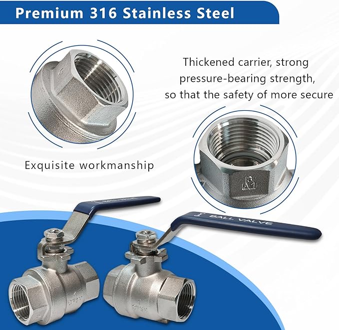 1" 316 Stainless Steel Ball Valve Female, 2-Piece Full Port NPT Threaded, 1000 WOG, High Pressure Corrosion Resistant Shut Off Valve for Water/Oil/Gas, Industrial Plumbing Valve (2-Pack)
