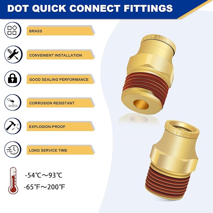 3/8" Brass Push to Connect DOT Air Brake Fittings, 3PCS Air Line Quick Connect Fittings 3/8" Tube OD x 3/8" NPT Connector Tube to Male Pipe for Truck Trailers Air Brake System