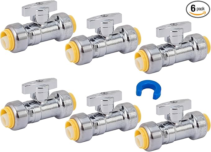SUNGATOR 1/2 Inch Straight Shut Off Valve, 1/2 Inch Pushfit Straight Stop Valve, No Lead Brass Plumbing Fittings Push to Connect PEX, Copper, CPVC, With 1 Disconnect Clip, Pack of 6