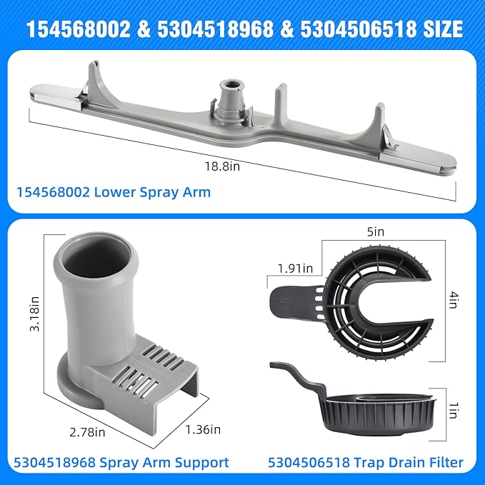 154568002 Dishwasher Lower Wash Arm and 5304518968 Dishwasher Lower Spray Arm and 5304506518 Trap Drain Filter Support for Frigidaire Electrolux 1545680 5304517203 154568001 154414101 154568002 (Grey)