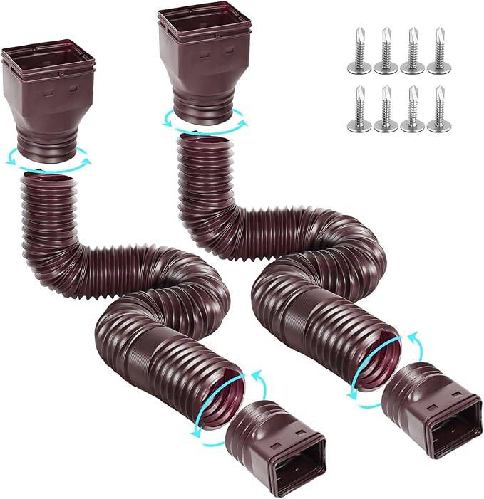 2 Pack Flexible Gutter Downspout Extensions Extendable from 21" to 67", Downspout Extender Comes with Adapters, Thickened Down spout Drain Extension for Rainwater Drainage(Brown)