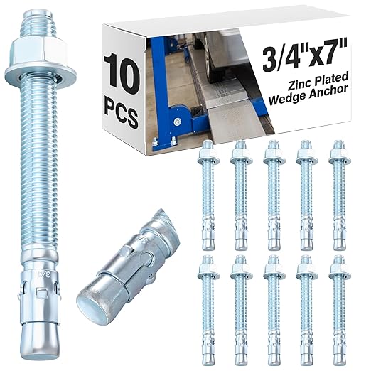 Shimeyao 10 Pack 3/4'' x 7'' Wedge Anchors Zinc Plated Concrete Anchors for 2 Post Car Lift Carbon Steel Fastener for Concrete Installation with Nuts and Washers