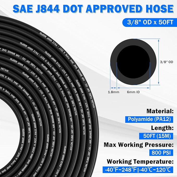 Air Line Tubing Kit, 3/8" OD DOT Air Line 50 FT(15 m) SAE j844 PA Nylon Air Hose Tubing and Push to Connect Fittings for Air Brake System Or Fluid Transfer, 29 Pcs Compressed Accessories Kit