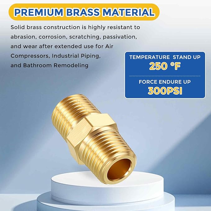 2 Pack Brass Pipe Fittings, 1/8" NPT Male to 1/8" NPT Male Brass Hex Nipple, Male Pipe Adapter Reducer for Air, Oil, LP