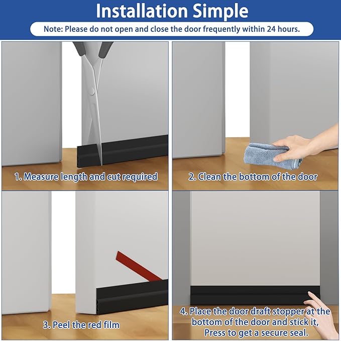 Under Door Draft Stopper, Self-Adhesive Door Sweep for Bottom of Door, Weather Stripping Doors Seal Soundproofing Insulation Strip, Doors Bottom Gap Blocker for Exterior/Interior (1M, Black)