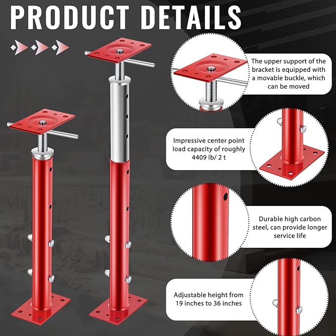 4 Pcs Adjustable Jack Post, 19"-36" Height Range, Basement Floor House Screw Jacks for Lifting Joist Beam Brace for Cellar Ceiling, Center Point Load Capacity 11023 Lbs (Red)