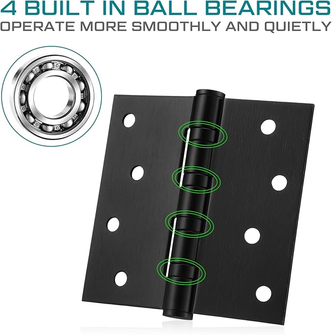 6 Pcs 4'' Ball Bearing Door Hinges Stainless Steel Heavy Duty Hinges 4 x 4 Inch Exterior Door Hinges with Square Corners (Black)