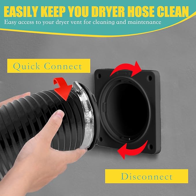 VIWINVELA Dryer Vent Hose Connector Kit - Dryer Vent Wall Plate with Hose - Dryer Duct Connector with Quick Connect & Disconnect Dryer Dock Connector (Dryer Vent Connector with 4in-5ft Black Hose)